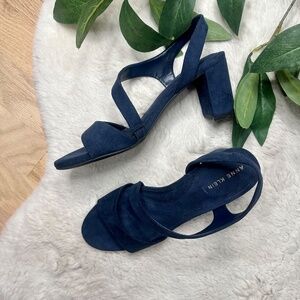Anne Klein Navy Suede Block Heel Sandals | Strappy Minimalist Comfort